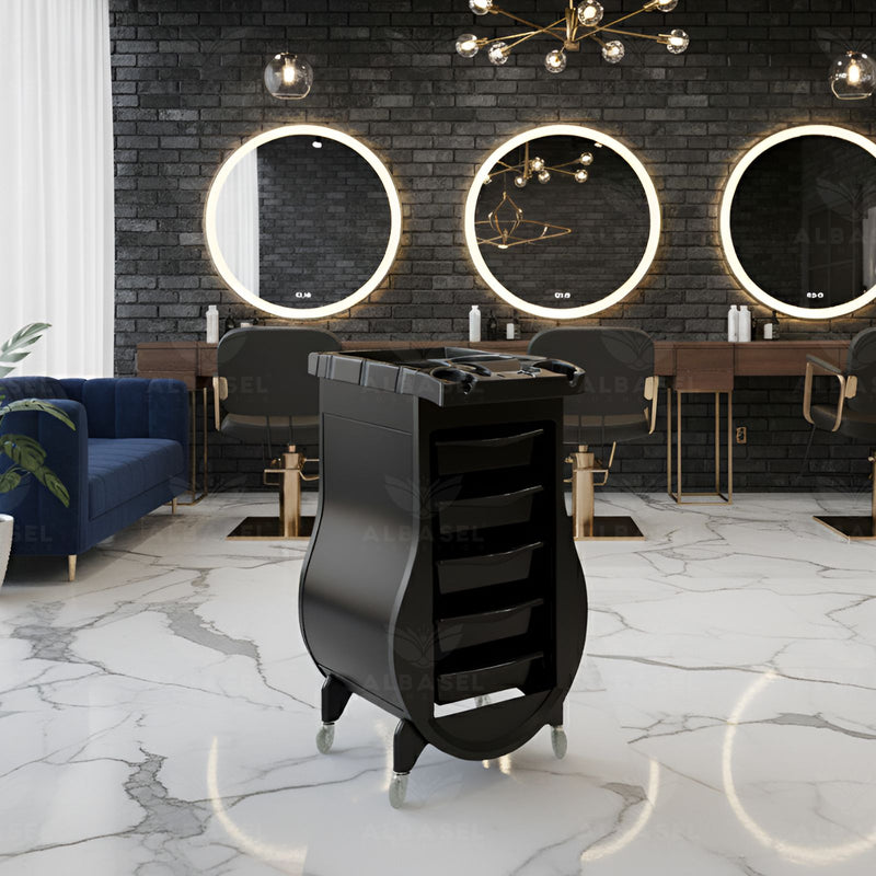 Full Black Professional Salon Trolley – 5-Drawer Hairdressing Storage Cart with Tool Holder Top & 360° Wheels - Salon trolley - Al Basel Cosmetics - UAE