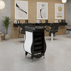 Black Salon Trolley with White Curved Side Panels – 5-Drawer Beauty & Hairdressing Storage Cart with Tool Holder Top - Al Basel Cosmetics - Salon trolley in RAK - Organizer trolley in UAE
