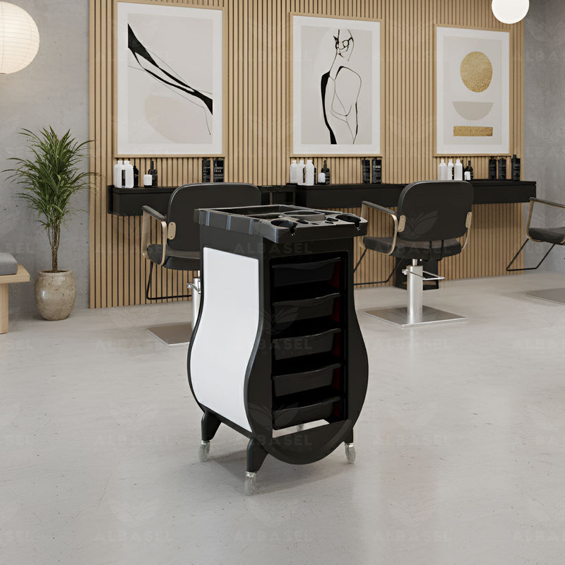 Black Salon Trolley with White Curved Side Panels – 5-Drawer Beauty & Hairdressing Storage Cart with Tool Holder Top - Al Basel Cosmetics - Salon trolley in RAK - Organizer trolley in UAE