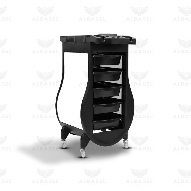 Black Salon Trolley with White Curved Side Panels – 5-Drawer Beauty & Hairdressing Storage Cart with Tool Holder Top - Al Basel Cosmetics - Salon trolley in RAK - Organizer trolley in UAE