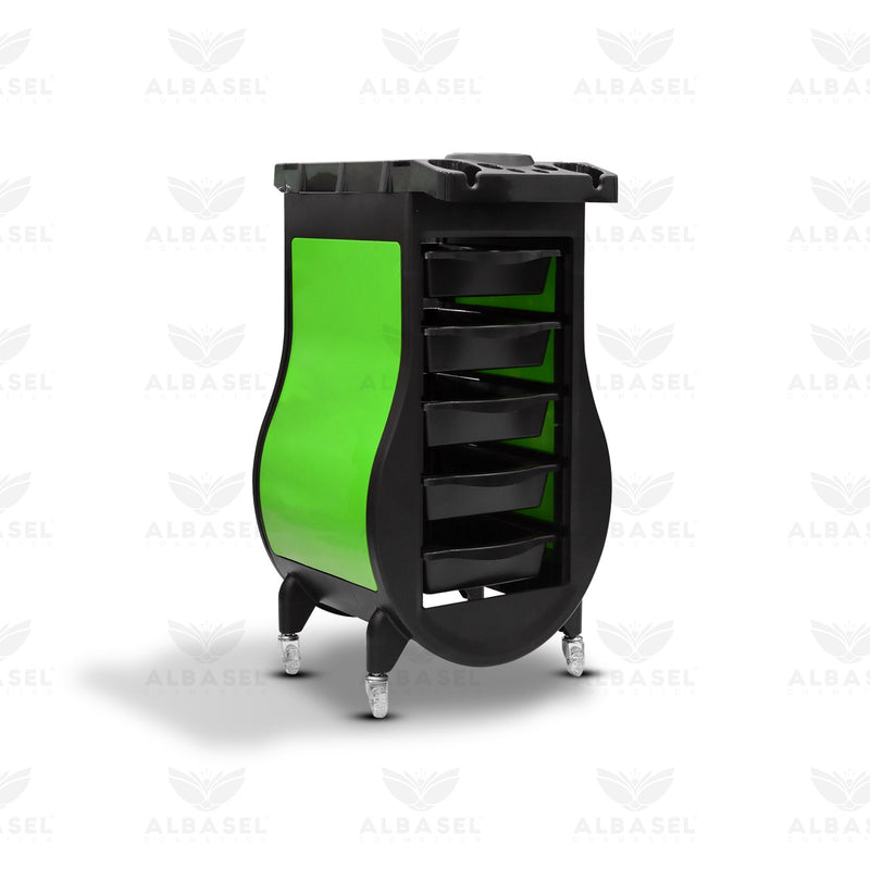 Black Salon Trolley with Green Curved Side Panels – 5-Drawer Professional Hairdressing Cart with Tool Holder Top - Al Basel Cosmetics - Salon trolley - Salon organizer trolley in Dubai