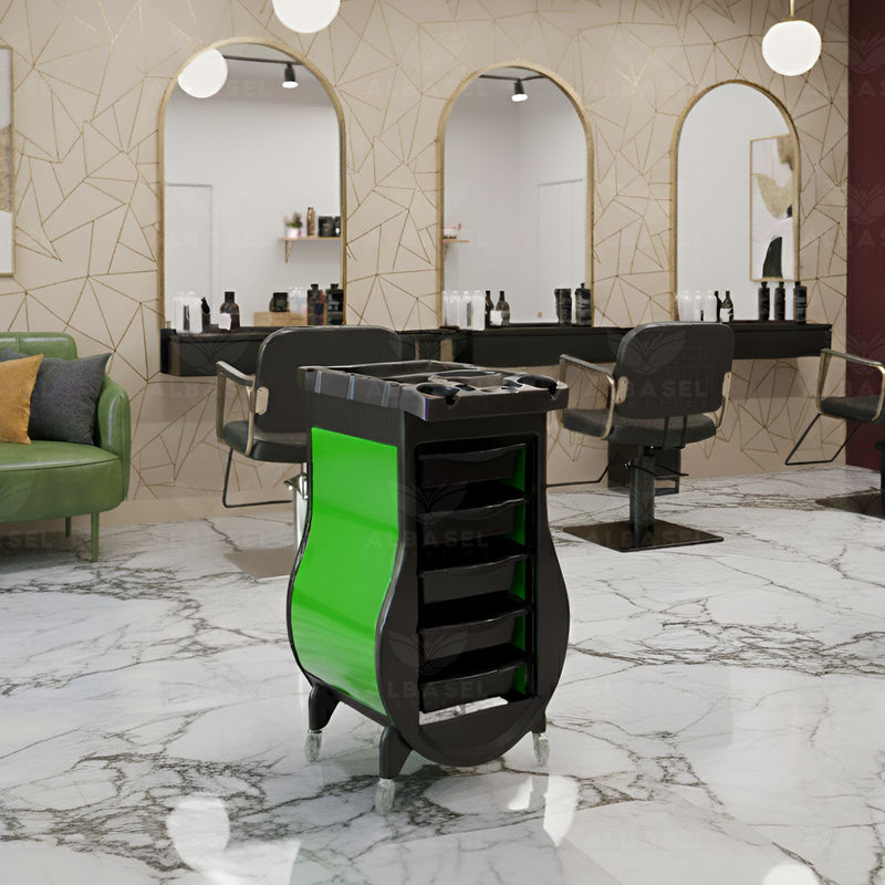 Black Salon Trolley with Green Curved Side Panels – 5-Drawer Professional Hairdressing Cart with Tool Holder Top - Al Basel Cosmetics - Salon trolley - Salon organizer trolley in Dubai