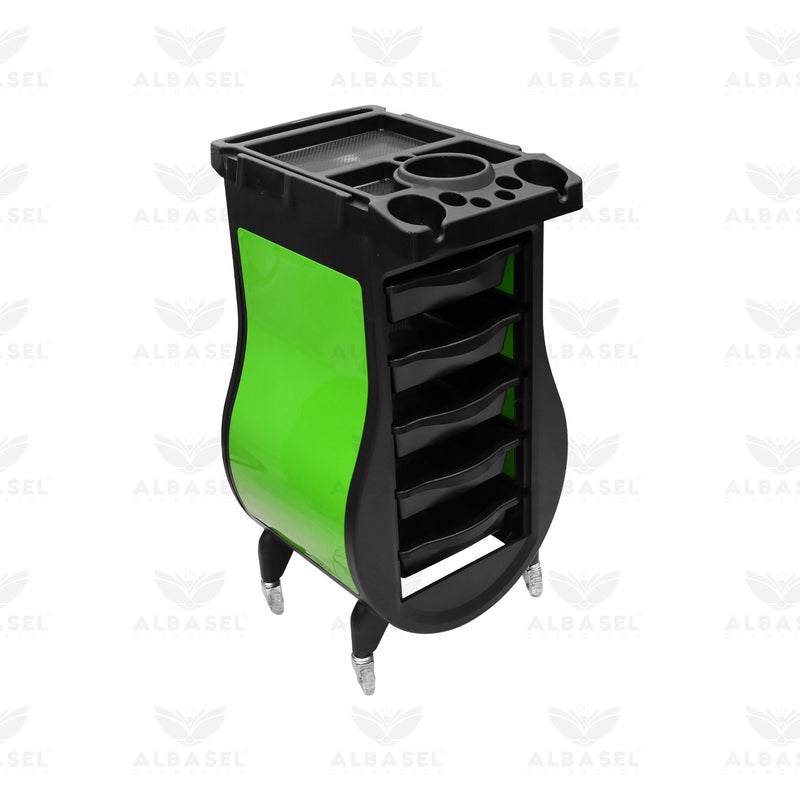 Black Salon Trolley with Green Curved Side Panels – 5-Drawer Professional Hairdressing Cart with Tool Holder Top - Al Basel Cosmetics - Salon trolley - Salon organizer trolley in Dubai