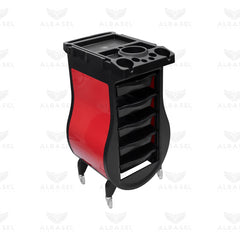 Black Salon Trolley with Red Curved Side Panels – 5-Drawer Professional Hairdressing Cart with Tool Holder Top - Al Basel Cosmetics - Salon furniture in UAE - Salon Trolley in Oman - Utility trolley Qatar