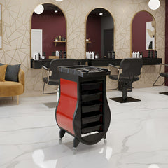 Black Salon Trolley with Red Curved Side Panels – 5-Drawer Professional Hairdressing Cart with Tool Holder Top - Al Basel Cosmetics - Salon furniture in UAE - Salon Trolley in Oman - Utility trolley Qatar