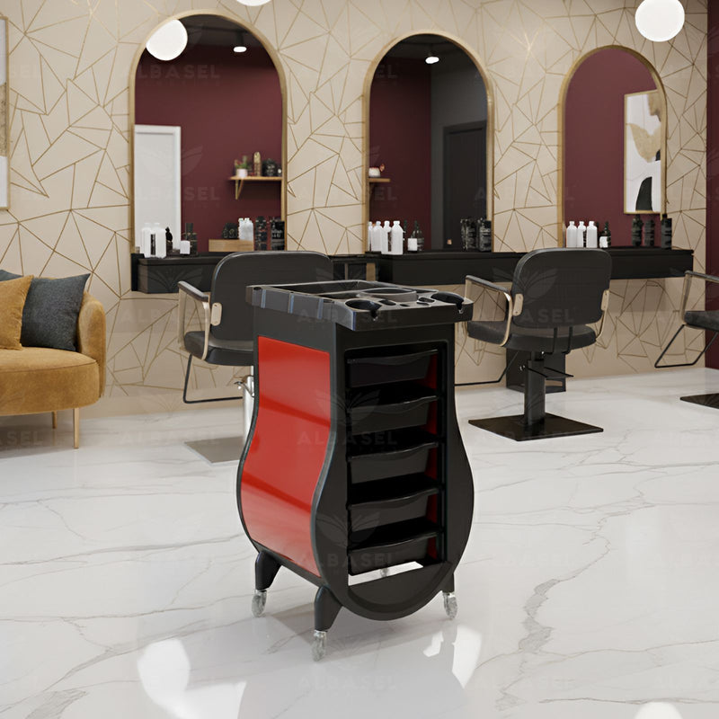 Black Salon Trolley with Red Curved Side Panels – 5-Drawer Professional Hairdressing Cart with Tool Holder Top - Al Basel Cosmetics - Salon furniture in UAE - Salon Trolley in Oman - Utility trolley Qatar