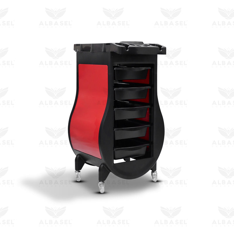 Black Salon Trolley with Red Curved Side Panels – 5-Drawer Professional Hairdressing Cart with Tool Holder Top - Al Basel Cosmetics - Salon furniture in UAE - Salon Trolley in Oman - Utility trolley Qatar