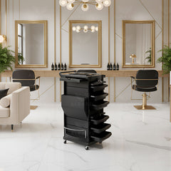 Professional Black Salon Trolley with 6 Trays & Lockable Drawer – Hair & Beauty Storage Cart with Wheels - Al Basel Cosmetics