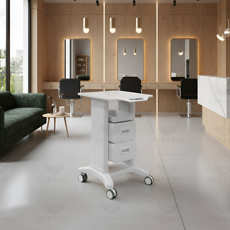 White Beauty Salon Trolley with Dual Drawers & Quick-Access Tray – Professional Rolling Cart - Al Basel Cosmetics