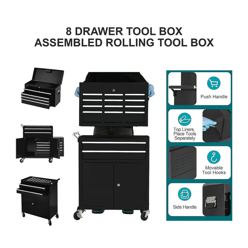 Storage Trolley with Lock 24 Inch 8 Drawer – Professional Salon & Spa Tool Organizer (Black) - beauty clinic trolley with drawers - spa equipment storage cart - lockable salon trolley - professional salon equipment - Al Basel Cosmetics - UAE