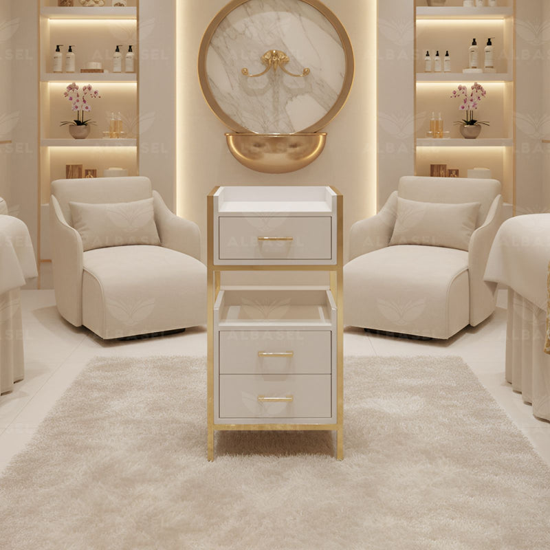 Salon Hairdressing Trolley White golden - عربة صالون تجميل مع عجلات لتسهيل الحركة لتخزين أدوات تصفيف الشعر والمستلزمات - Al Basel Cosmetics - UAE - salon trolley