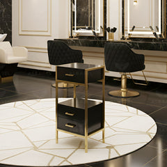 Salon Hairdressing Trolley Black & Gold - عربة تصفيف الشعر السوداء للصالونات مع رفوف وأدراج لتخزين أدوات التجميل - Al Basel Cosmetics - UAE