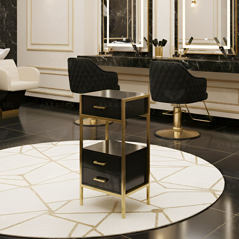 Salon Hairdressing Trolley Black & Gold - عربة تصفيف الشعر السوداء للصالونات مع رفوف وأدراج لتخزين أدوات التجميل - Al Basel Cosmetics - UAE