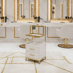 Modern Salon Trolley Gold & White - محطة تجميل شعر صالون بلون ذهبي كريمي لتصفيف الشعر وتنظيم أدوات التجميل - Al Basel Cosmetics - UAE