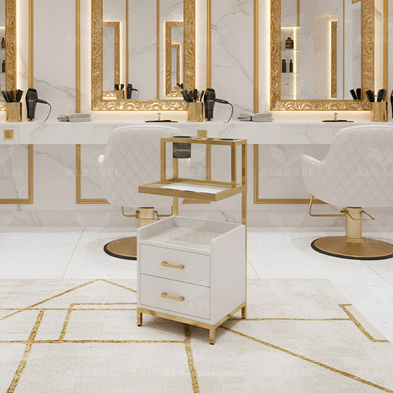 Modern Salon Trolley Gold & White - محطة تجميل شعر صالون بلون ذهبي كريمي لتصفيف الشعر وتنظيم أدوات التجميل - Al Basel Cosmetics - UAE