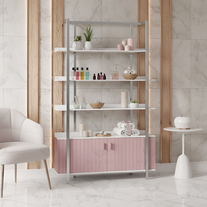 Pink Beauty Salon Product Display Cabinet - Al Basel Cosmetics - Ladies salon product display stand - UAE