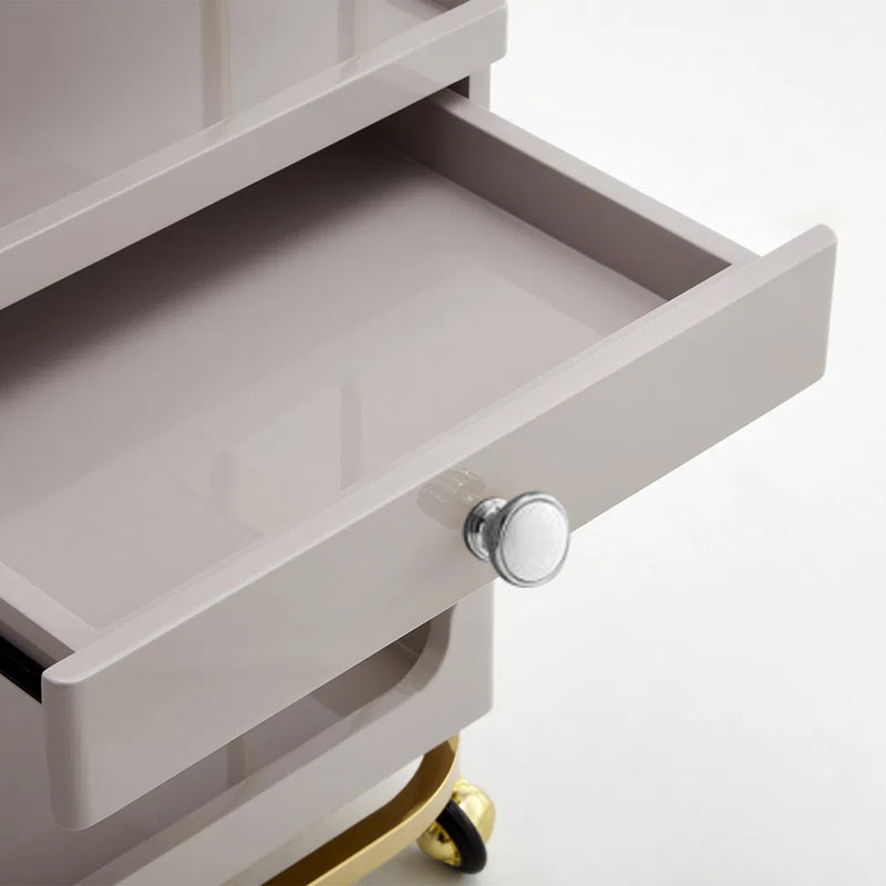 Luxury 3-Tier Salon Trolley in Pigeon Grey & Golden Frame with Drawer and Wheels – Multi-Purpose trolley - Salon trolley Saudi Arabia - make up trolley Oman - Al Basel Cosmetics - UAE