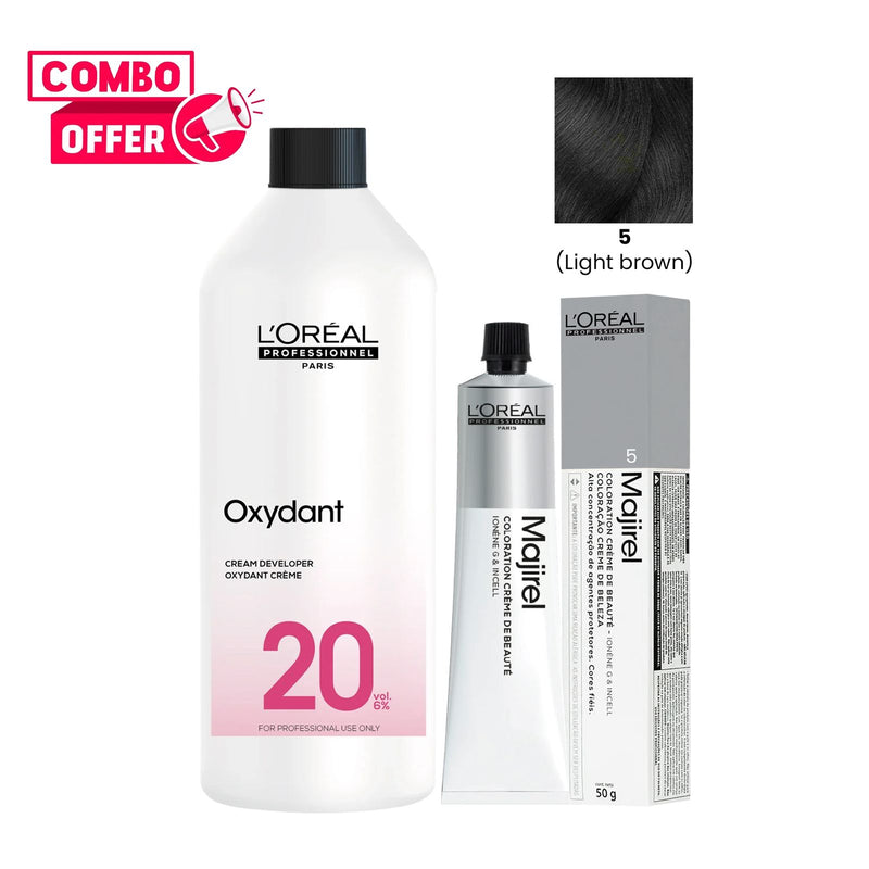 L’Oréal Majirel 5 Light Brown 50ml & Oreor Oxydant 20 Vol 1000ml – Permanent Hair Color Combo Pack - Al Basel Cosmetics - UAE