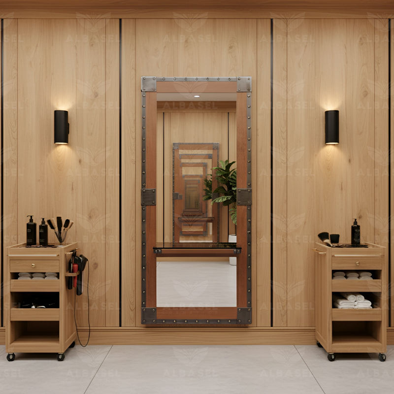 Salon Wall Mounted Mirror with Shelf for Hair Styling - Hair salon mirror with storage - Al Basel Cosmetics - UAE