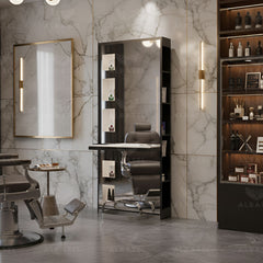 Single Side Mirror Station With Storage Shelves Black for Beauty Salon Spa - Salon furniture - Al Basel cosmetics - UAE