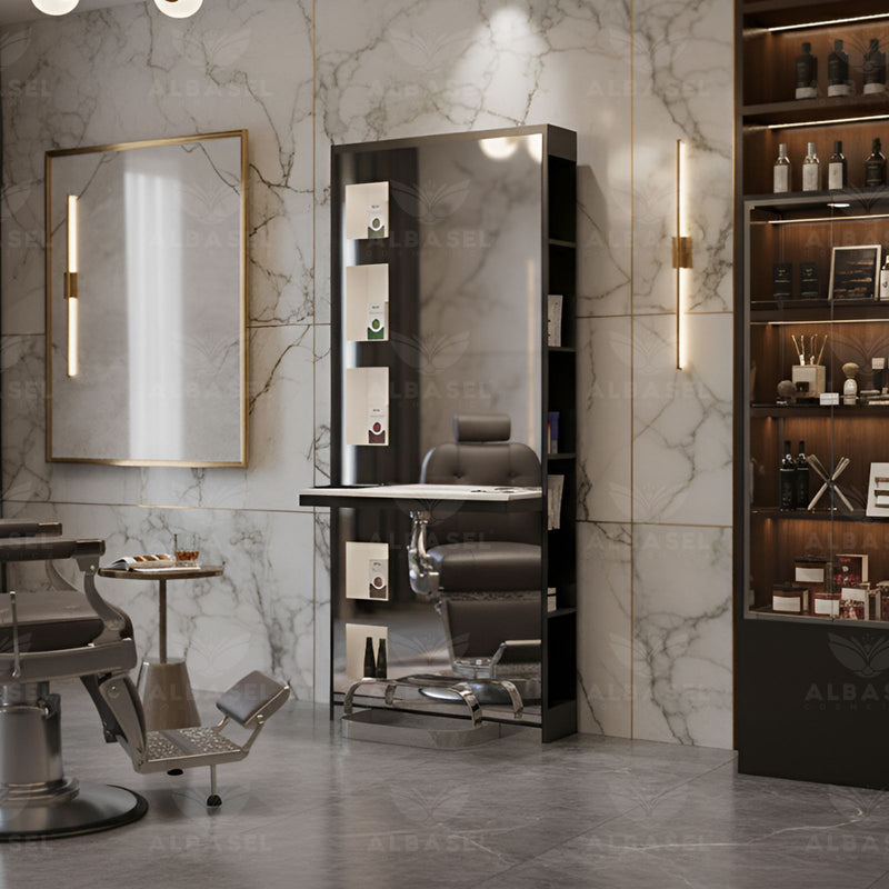 Single Side Mirror Station With Storage Shelves Black for Beauty Salon Spa - Salon furniture - Al Basel cosmetics - UAE