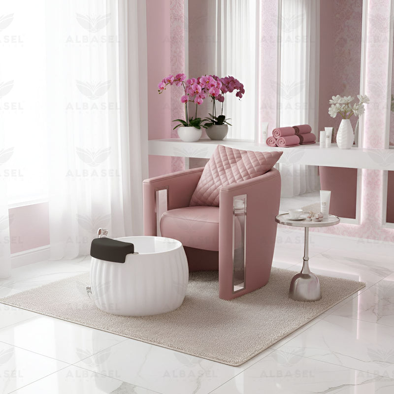 Pedicure Spa Chair with Foot Basin Oslo Pink for Professional Salon & Spa - Ladies salon spa chair - Pedicure station chair UAE - Al Basel Cosmetics - UAE