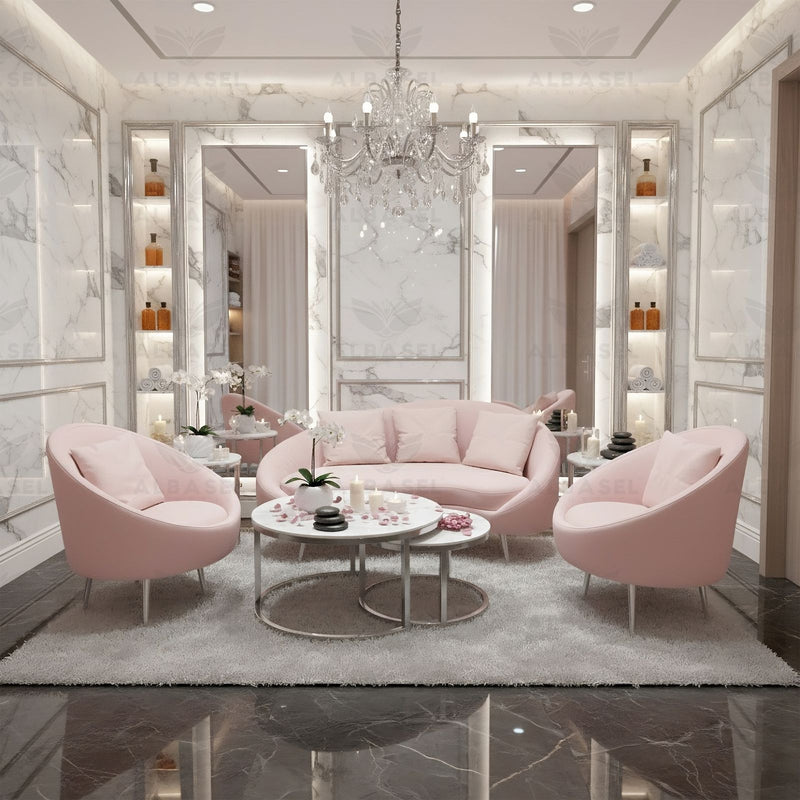Mariani pink reception sofa set for salon and office reception with marble table - Al Basel Cosmetics - Reception sofa with table in UAE - Lounge furniture Qatar - Pink sofa in Abu Dhabi
