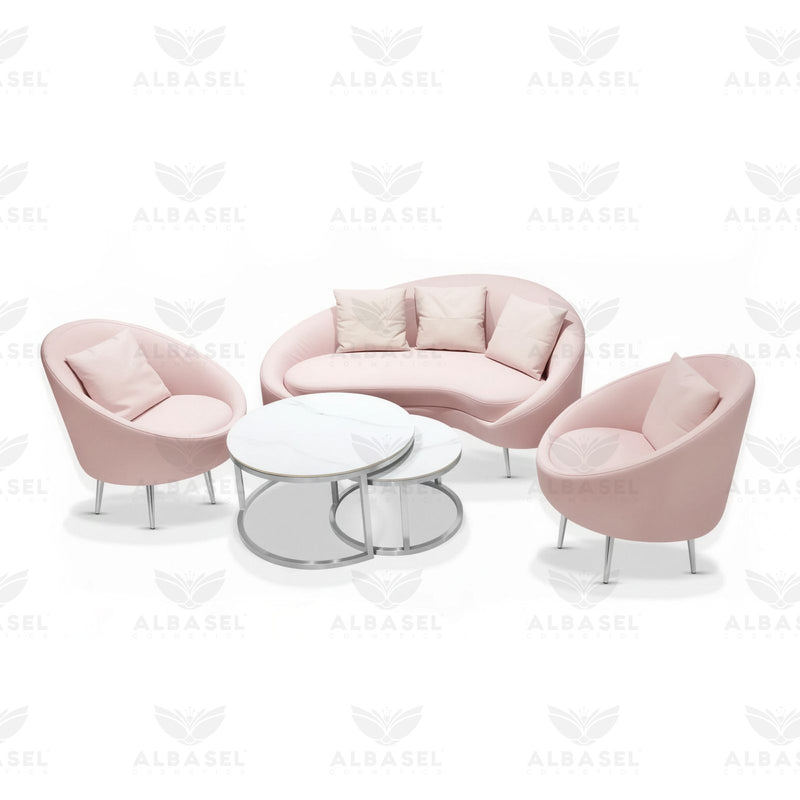 Mariani pink reception sofa set for salon and office reception with marble table - Al Basel Cosmetics - Reception sofa with table in UAE - Lounge furniture Qatar - Pink sofa in Abu Dhabi