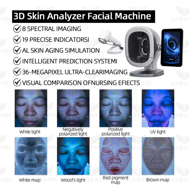 AI skin scanner UAE, 3D facial analyzer Dubai - professional skin analysis machine for clinics - 8 spectrum skin analyzer - facial skin diagnosis machine - skin aging prediction system - dermatology scanner UAE - salon skin analyzer device - aesthetic skin analysis system - Al Basel Cosmetics