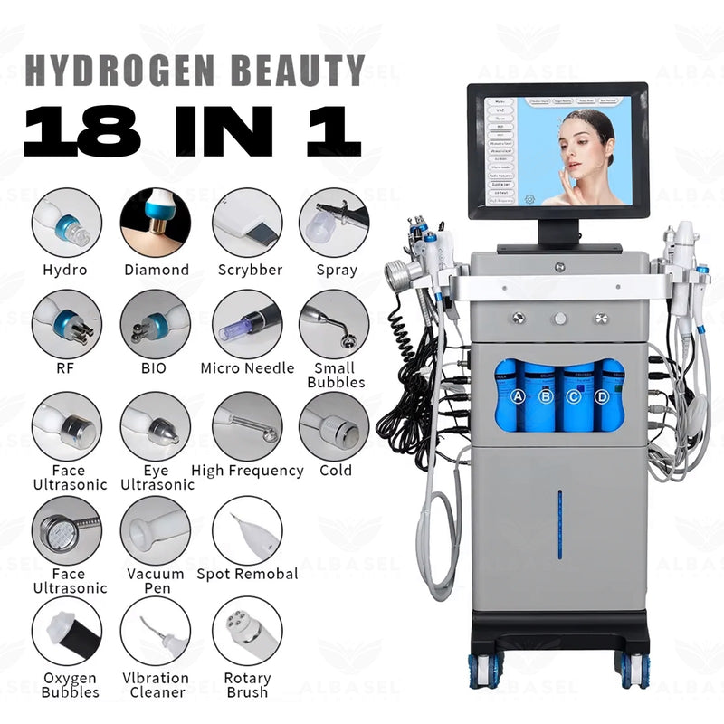 18-in-1 Hydrogen Facial Machine with Hydro, Diamond, Micro-Needle, RF, Ultrasonic, Oxygen, Cold Therapy & multi-function skin treatments for salons - Hydra facial machine - 18 in 1 hydra facial machine - Al Basel Cosmetics - UAE