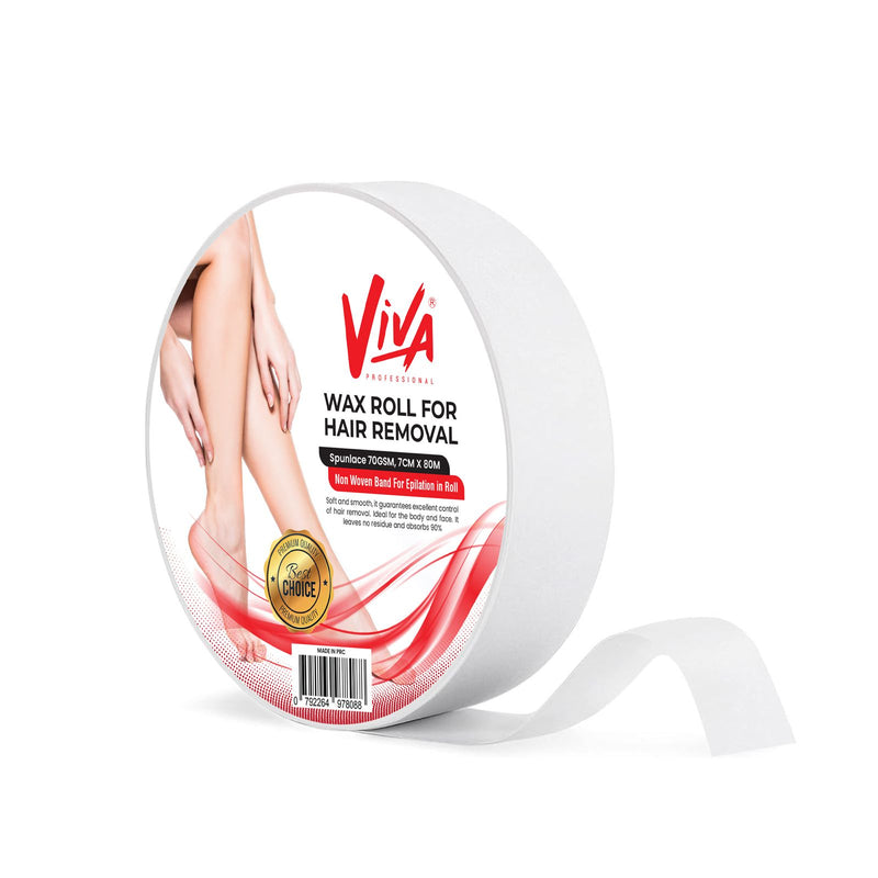 Viva Wax Roll for Hair Removal – Spunlace 70GSM, 7cm x 80m Non-Woven Epilation Roll - Wax roll UAE - professional salon waxing roll -, non-woven epilation roll Dubai - Spunlace 70GSM wax roll - Viva waxing supplies - epilation roll for beauty salons - waxing strip roll UAE - hair removal accessories - non-woven wax strip roll - Al Basel Cosmetics waxing products - epilation band roll 80m.
