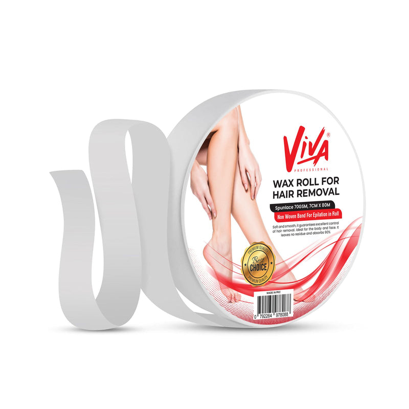 Viva Wax Roll for Hair Removal – Spunlace 70GSM, 7cm x 80m Non-Woven Epilation Roll - Wax roll UAE - professional salon waxing roll -, non-woven epilation roll Dubai - Spunlace 70GSM wax roll - Viva waxing supplies - epilation roll for beauty salons - waxing strip roll UAE - hair removal accessories - non-woven wax strip roll - Al Basel Cosmetics waxing products - epilation band roll 80m.